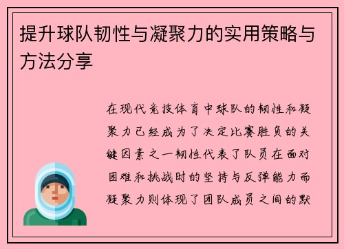 提升球队韧性与凝聚力的实用策略与方法分享