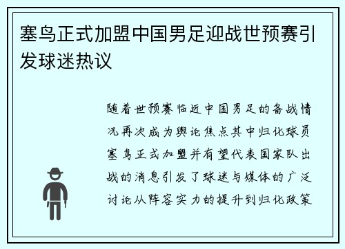 塞鸟正式加盟中国男足迎战世预赛引发球迷热议