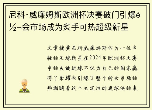 尼科·威廉姆斯欧洲杯决赛破门引爆转会市场成为炙手可热超级新星