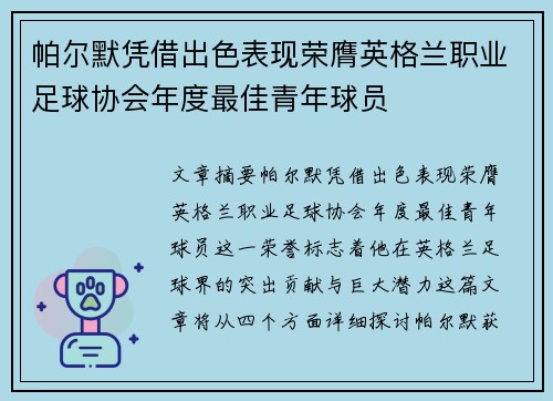 帕尔默凭借出色表现荣膺英格兰职业足球协会年度最佳青年球员