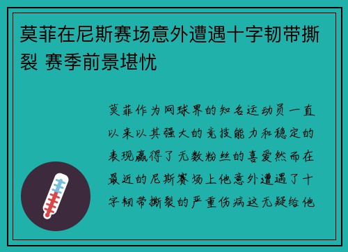 莫菲在尼斯赛场意外遭遇十字韧带撕裂 赛季前景堪忧