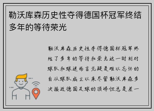 勒沃库森历史性夺得德国杯冠军终结多年的等待荣光